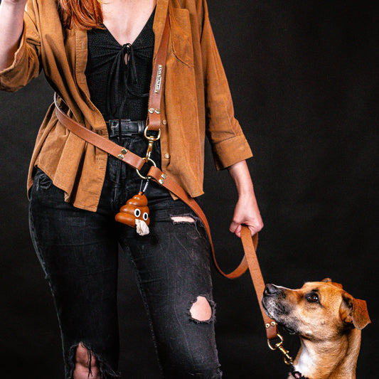 Female model in black jeans and brown jacket with a large sized dog next to her. She is wearing a hands free leash holding the dog.